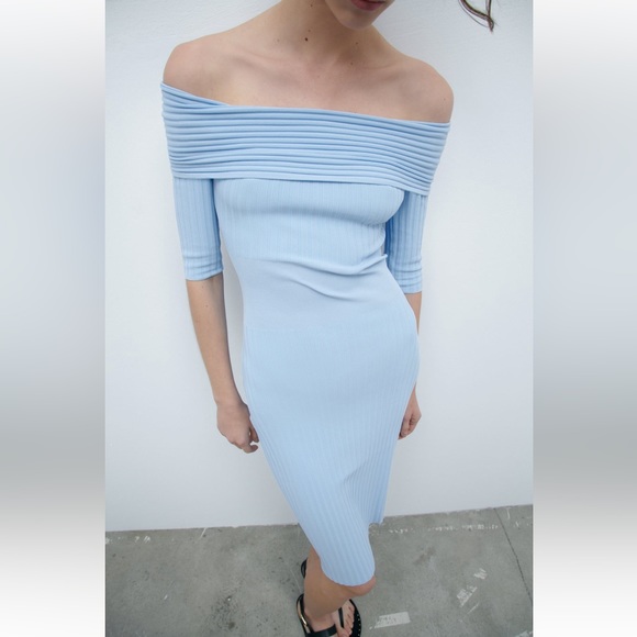 Zara OFF-THE-SHOULDER KNIT DRESS. Light Blue. Size S. New with Tags. - Picture 2 of 10